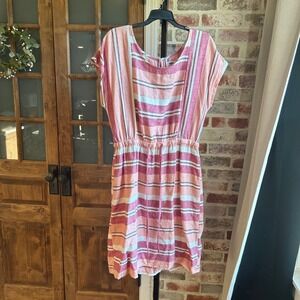 Old Navy Linen Blend Striped Dress Womens Orange Red Pink‎ Casual Boho Tall Med